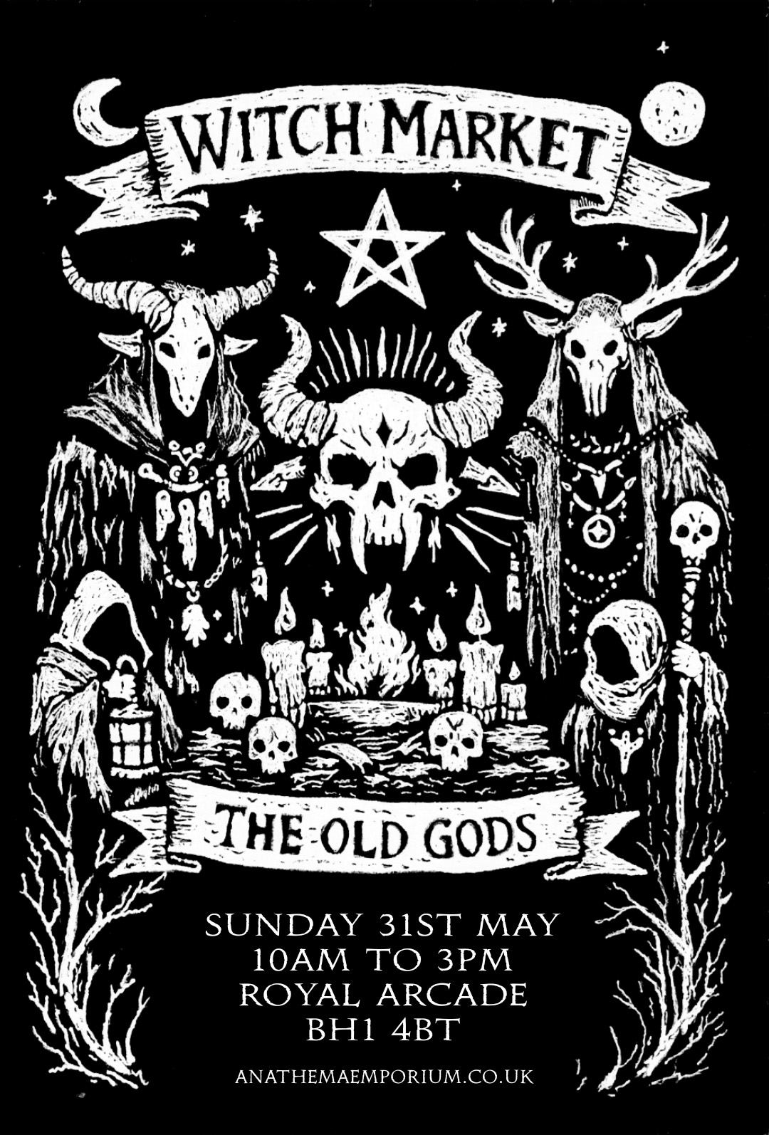 Poster for Anathema Witch Market: The Old Gods, Sunday 31st May, 10am to 3pm, Royal Arcade, BH1 4BT